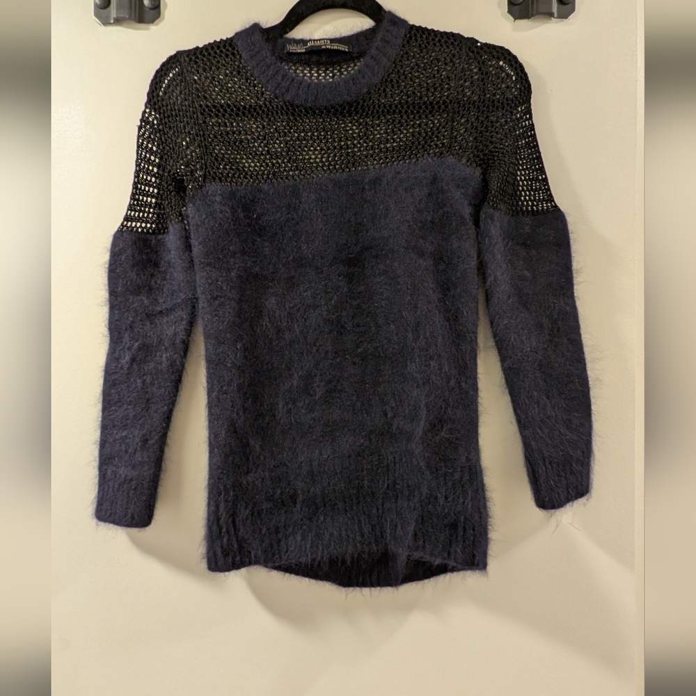 All Saints Navy Blue Angora Sweater with Mesh Neckline & Back